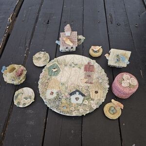 Popular Imports Vintage 1997 Resin Tea Plate Miniature Village Birds Bird House